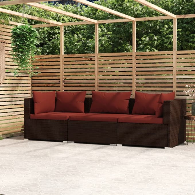 vidaXL - Bank - 3-zits - met - kussens - poly - rattan - bruin