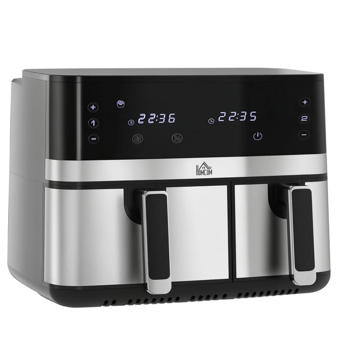 HOMCOM olievrije heteluchtfriteuse zone airfryer 8,5 L - 2700 W - 8 programma's, LED-touchscreen, regelbare temperatuur, timer, 2 antiaanbakmandjes, synchronisatiefunctie, recepten