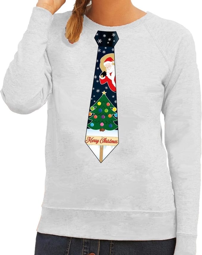 Bellatio Decorations Foute kersttrui - sweater - met stropdas kerst print - grijs - voor dames M