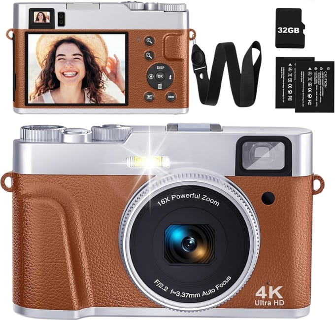 Deluqse Digitale Camera 4K – 48MP – 32GB SD – Retro Bruin
