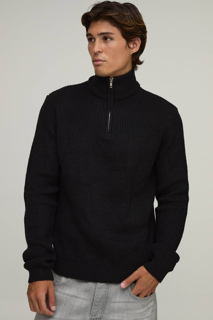 Regular Fit 1/4 Rits Geribbelde Gebreide Trui | Black | Size Medium