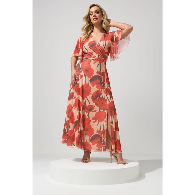 Yours London Naturelbruine Bloemenprint Abstracte Mesh Jurk Size 48