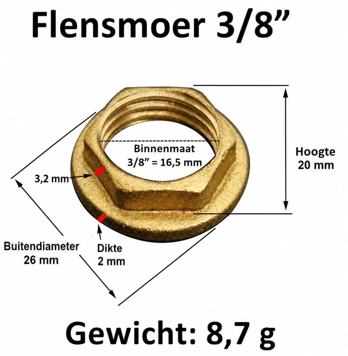 3/8 inch Messing flensmoer – stevig, corrosiebestendig en veelzijdig inzetbaar - (± 16,7 mm buitendraadmaat)