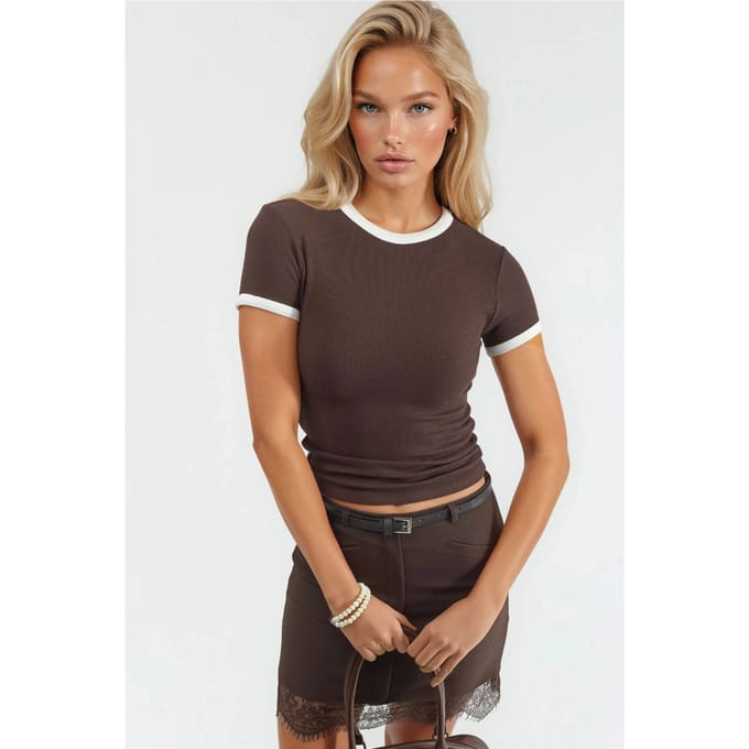 Geribbeld Crew Neck Korte Mouwen T-Shirt