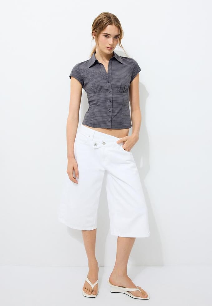 Stradivarius Blouse met korte mouw en naad onder de borst  Donkergrijs M