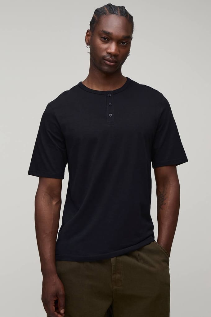 Lang Essentieel Regular Fit Henley T-shirt | Black | Size Medium