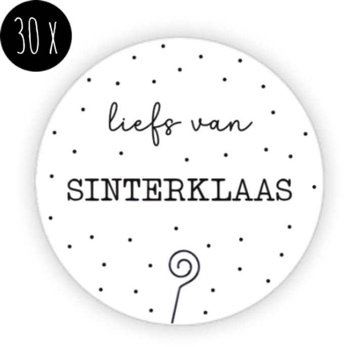 30x Sinterklaas Sticker | LIEFS VAN SINTERKLAAS | Stickers / Cadeaustickers | 35 mm | wit & zwart