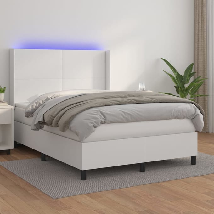 vidaXL - Boxspring - met - matras - en - LED - kunstleer - wit - 140x200 - cm