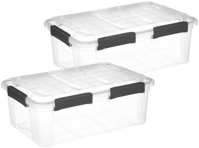5Five opberg Box met deksel - 2x - Solutions Protect - 32 liter - 58 x 39 x 22 cm - kunststof - transparant - extra stevig