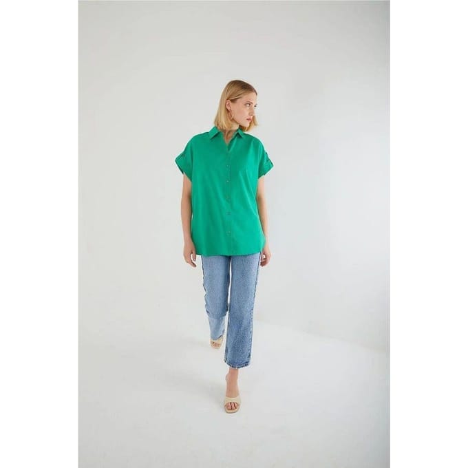 Oversized Korte Mouwen Poplin Overhemd met Knopen