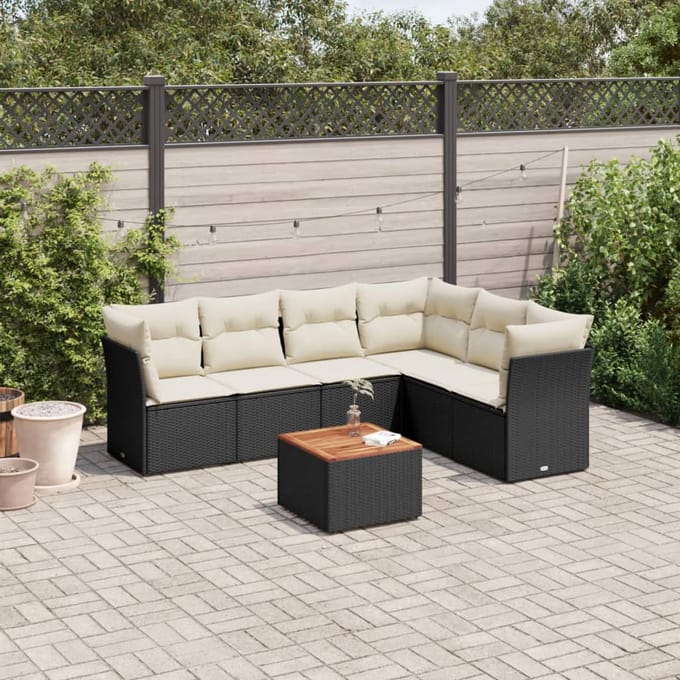 vidaXL - 7-delige - Loungeset - met - kussens - poly - rattan - zwart