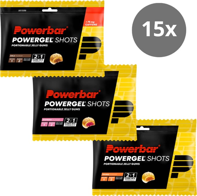 Powerbar Energiegels | Powergel Shots | Combideal - 5x Cola (met cafeïne) 5x Raspberry 5x Orange