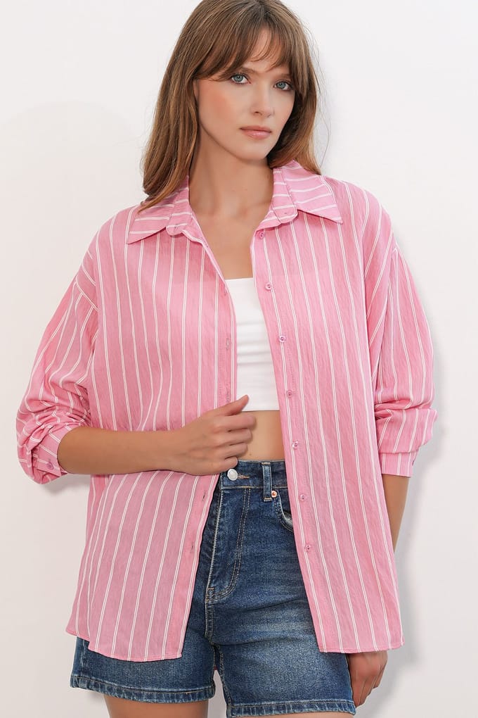 Gestreepte Oversized Blouse met Knopsluiting