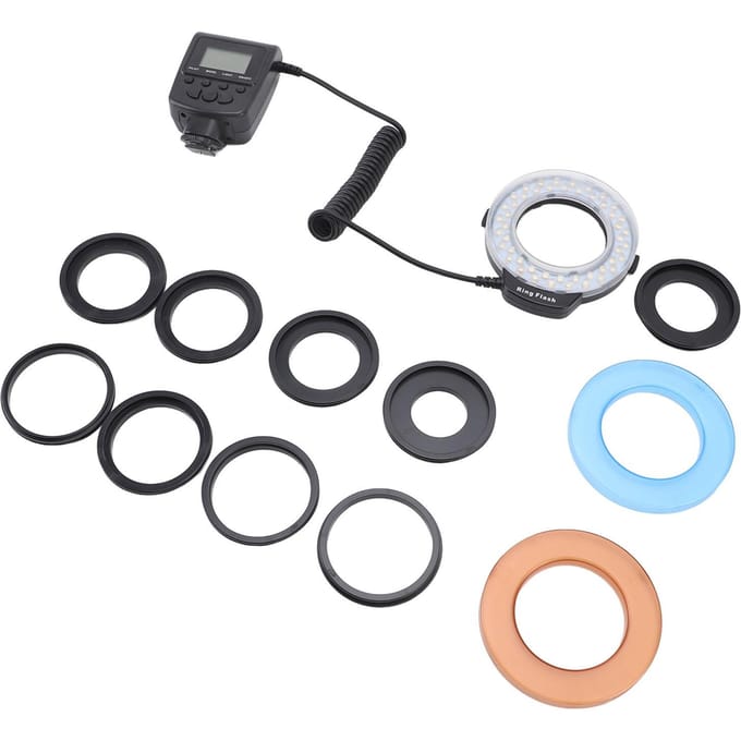 48LED Macro Flitslicht met LCD-scherm Vermogensregeling Adapterringen Flitsdiffusor voor DSLR white