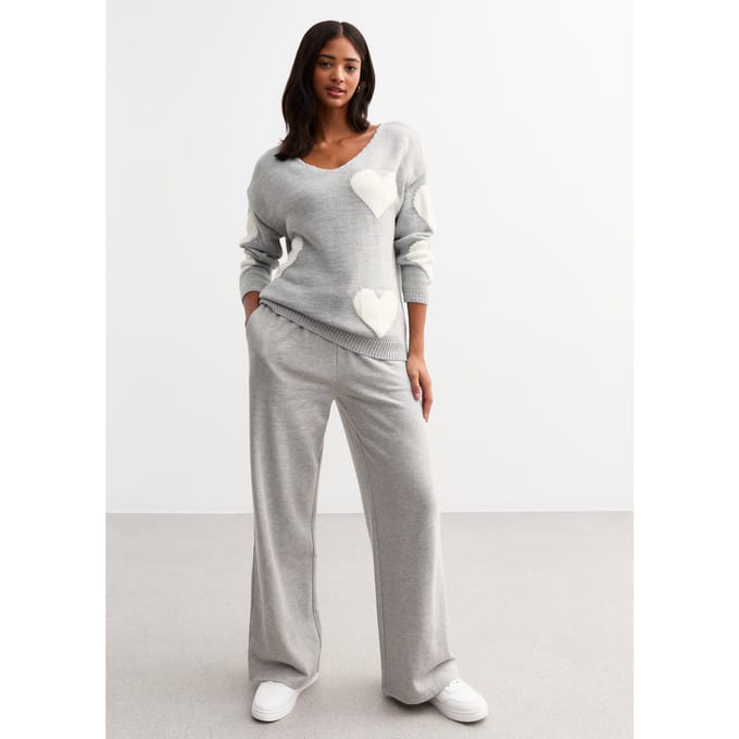 Grijze V-hals oversized gebreide hart trui