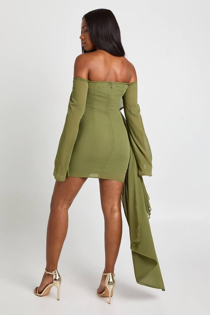 boohoo Dames Chiffon Bardot geruched mini-jurk | Olive | Maat: 8