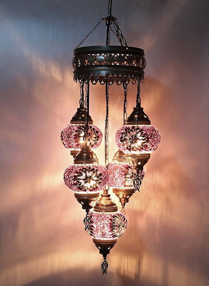 Turkse hanglamp - mozaïek glas roze - 5 bollen - hoogte 110 cm - E-14 fitting
