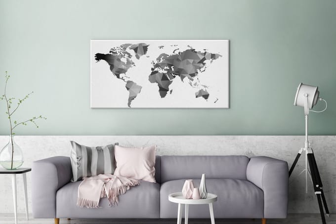 Wereldkaart zwart - grijs - wit - canvas | Wereldkaart Canvas Schilderij 100x50 cm