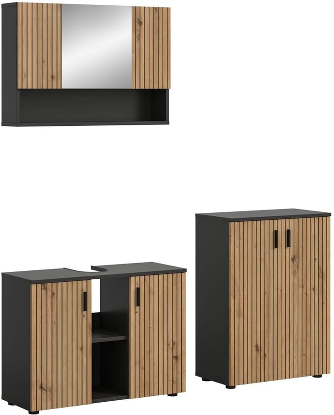 Badcombinatie Set Basalt en Eik - Moderne 3-delige Badkamer Meubels - 155x180x30cm