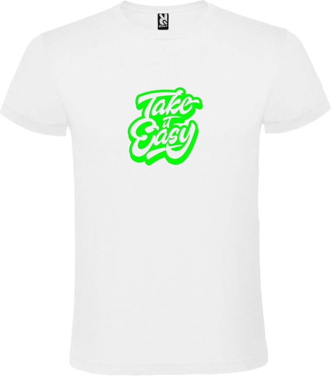 Wit T-Shirt met “ Take it Easy “ afbeelding Neon Groen Size XXL