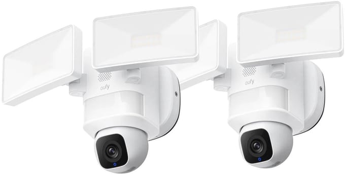 eufy Security E30 Floodlight Camera 2-Pack– 360° Pan & Tilt – 2K Video – AI Detectie en Tracering – 2000 Lumen – Aangepaste Stem- en Lichtwaarschuwingen – 24/7 Opname – Geen Maandelijkse Kosten – Wit