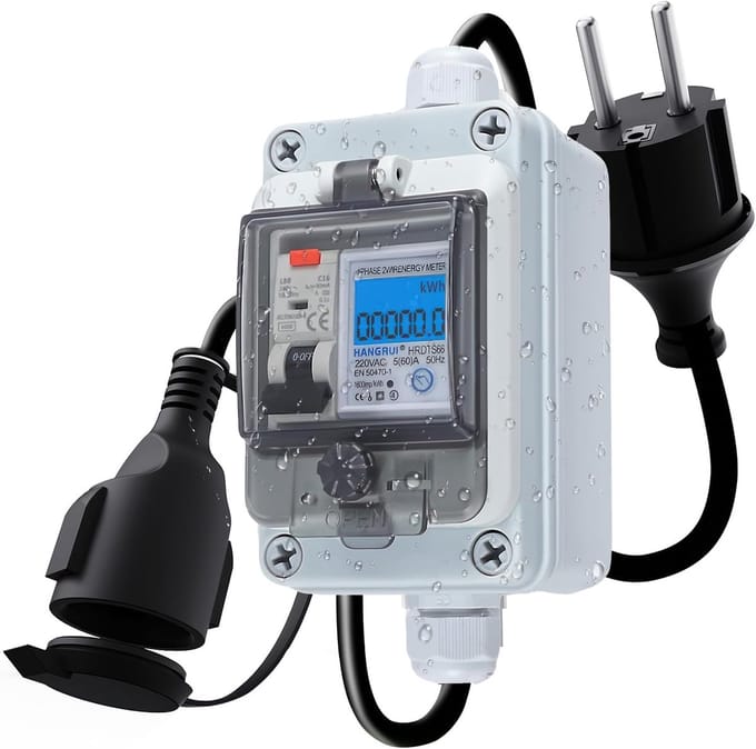 Digitale Stroommeter voor Buitenstopcontact met Kabel - Wattage & kWh Meter