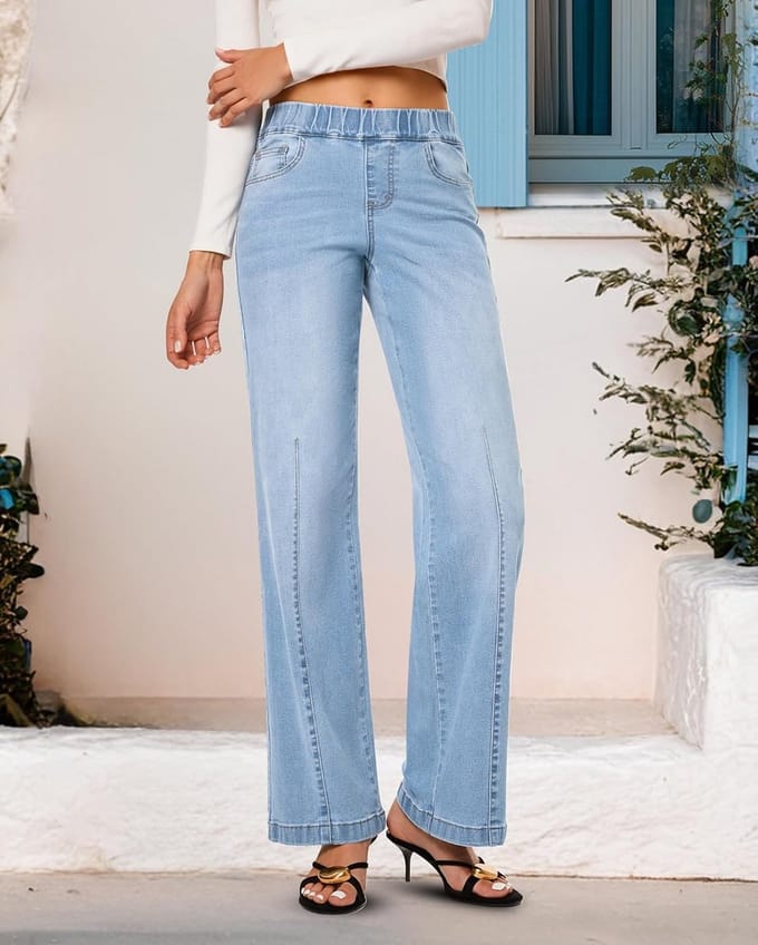 Dames Baggy Jeans met Elastische Taille - Hoge Taille & Wijde Pijpen