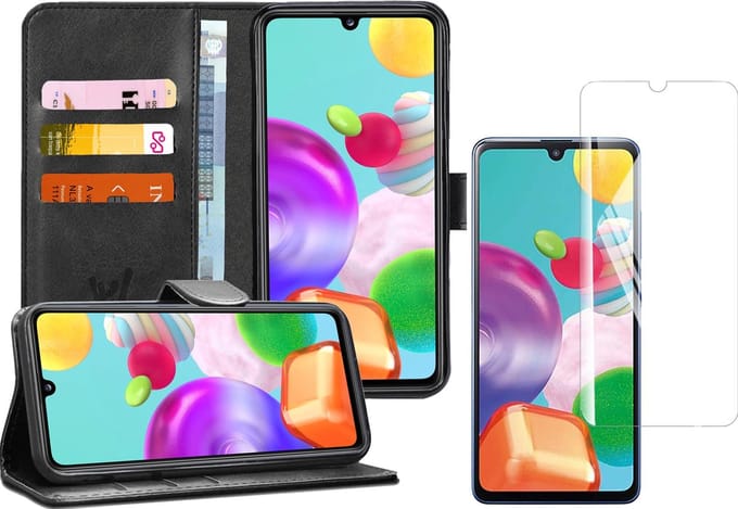 Hoesje geschikt voor Samsung Galaxy A41 - Screen Protector GlassGuard - Book Case Kunstleer Pasjeshouder Zwart & Screenprotector