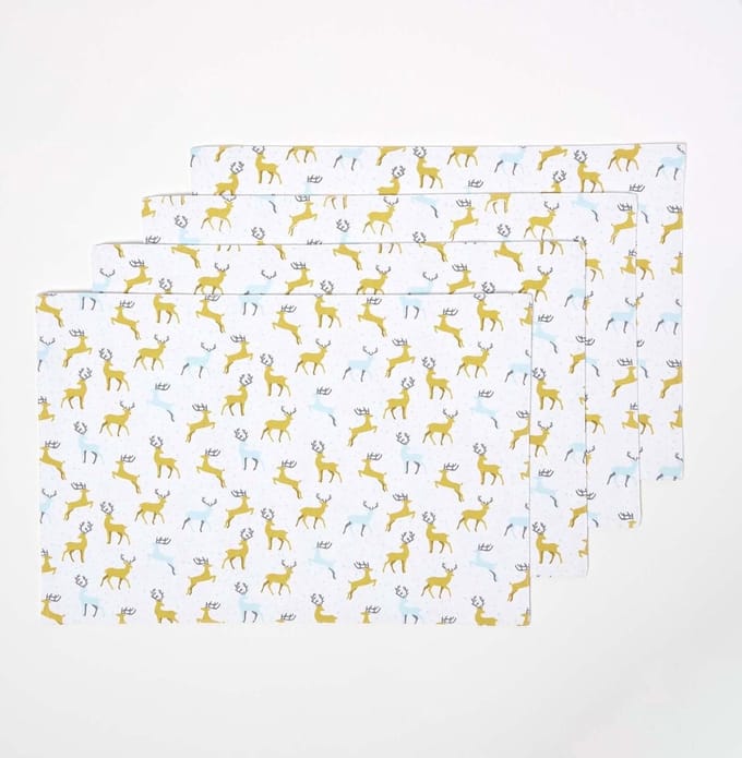 Homescapes Kerstplacemat Majestic Hert Grijs Geel Set van 4