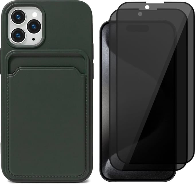 Hoesje Pasjeshouder geschikt voor iPhone 15 Pro - 2x Privacy Screenprotector FullGuard - Siliconen Case Back Cover Groen & Screen Protector