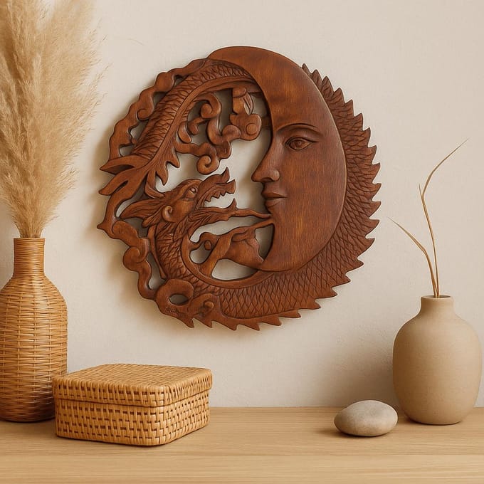 Plaquette met maangezicht en draak - 30 cm
