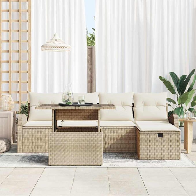vidaXL Tuinbank Set met kussen met opslag 6 pcs Beige Poly rattan