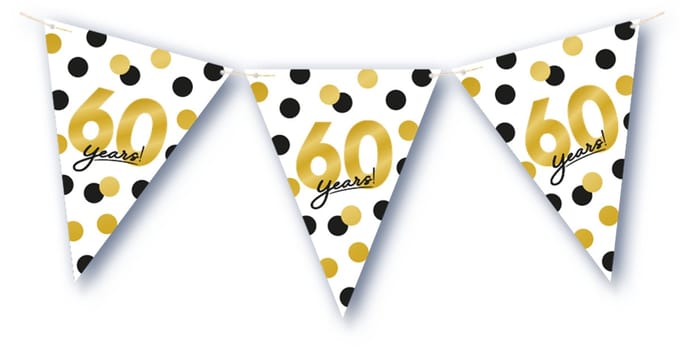 BTH – 60 Jaar Vlaggenlijn – Wit-Zwart-Goud – 6 m Verjaardag Decor – 60 Jaar Celebration Feest Versiering – Slinger