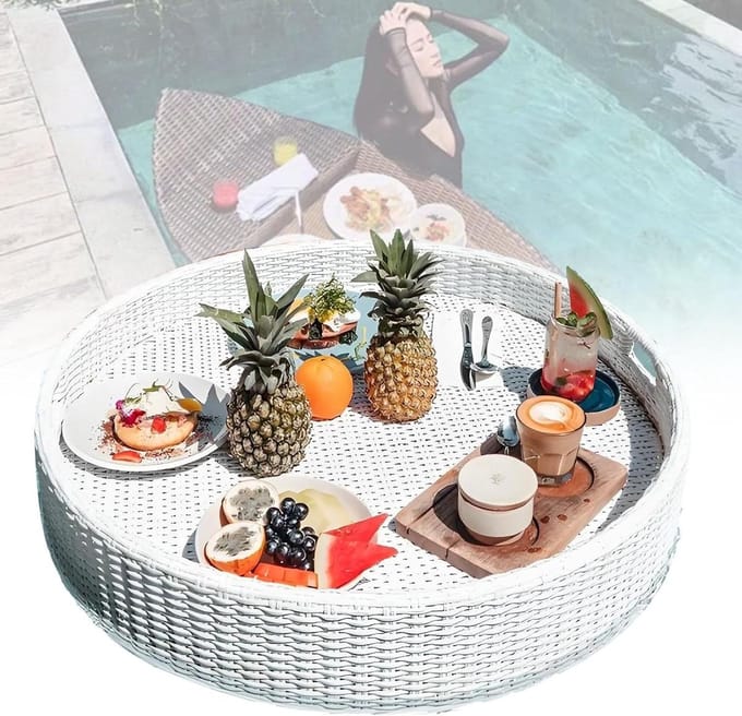 Drijvend Dienblad - Rotan Tafel - Zwembad Ontspanning - Duurzaam Materiaal - 60 cm Diameter - Wit