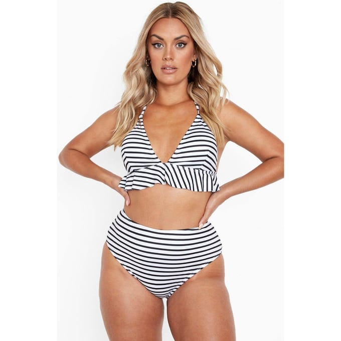 boohoo Dames Plus Stripe Ruffle High Waist Bikini | Black | Maat: 26
