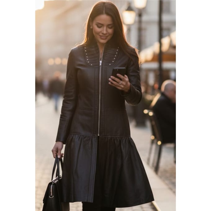 Dames ribet goth zwart leren Victoriaanse studd flare-jas - Mist