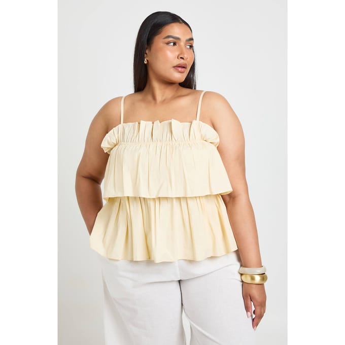 boohoo Dames Plus Gelaagde Gerimpelde Poplin Top | Citroen | Maat: 48