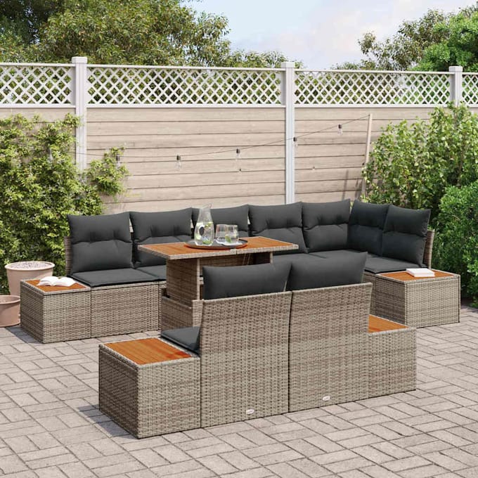 vidaXL Tuin Eettafel Set met kussen 9 pcs Grijs en Bruin