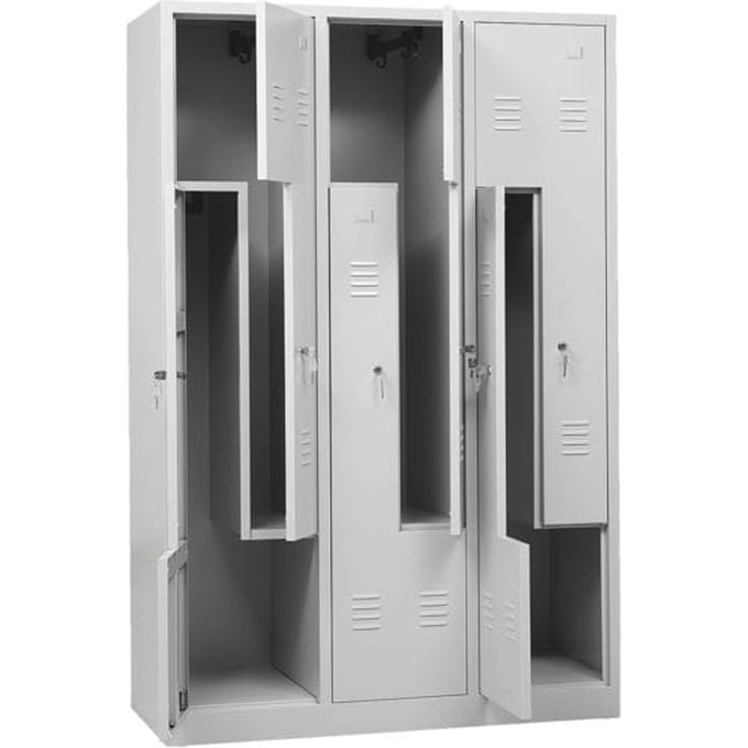 Locker, 6 compartimenten, 6 vakken, Z-deuren, met sokkel, cilinderslot, lichtgrijs