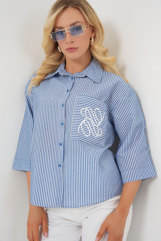 Gestreepte Poplin Blouse met Borduurwerk