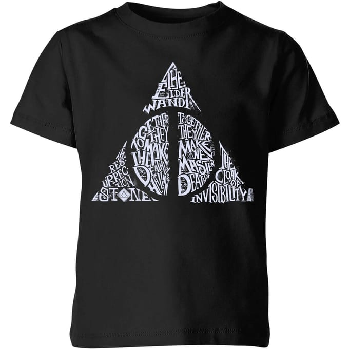 Harry Potter Deathly Hallows Text kinder t-shirt - Zwart - 98/104 (3-4 jaar)