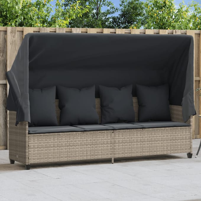 vidaXL - Ligbed - met - luifel - en - kussens - poly - rattan lichtgrijs