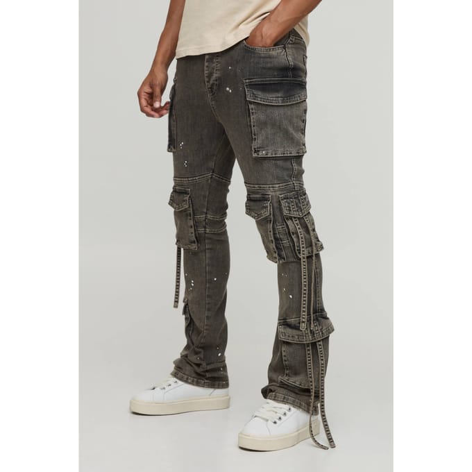 Gewassen Gestapelde Flared Cargo Jeans Met Banddetail | Stone | Size 34R