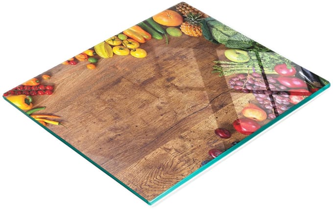Keukenplank van gehard glas met decoratieve afbeeldingen van fruit en groenten, 60x52 cm