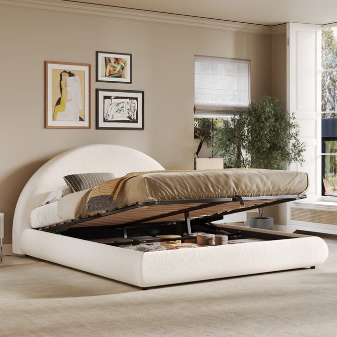 Gestoffeerd bed - 180x200 cm - Hydraulisch Opbergbed - Met Hoofdbord en Groot Opbergvak - Bouclé - Wit
