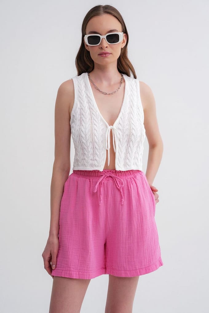Hoge Taille Geweven Brede-Pijp Shorts