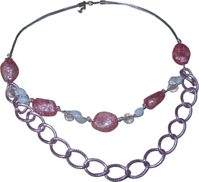 Ketting zilver met roze schakels en diverse kleuren steentjes