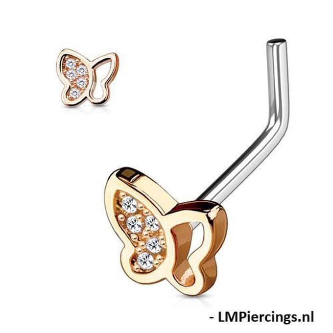 Neuspiercing L-bend vlinder met halve glitter vleugel 0.8x6x5.5 - rose - LMPiercings