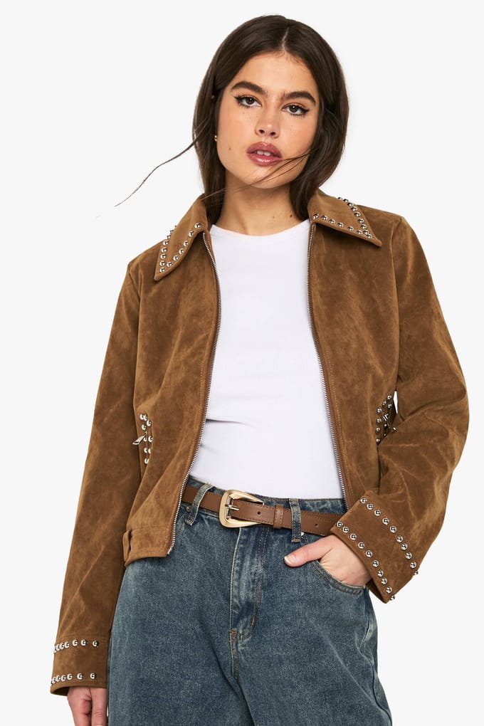 boohoo Dames Suede-look studded jas | Tan | Maat: 14