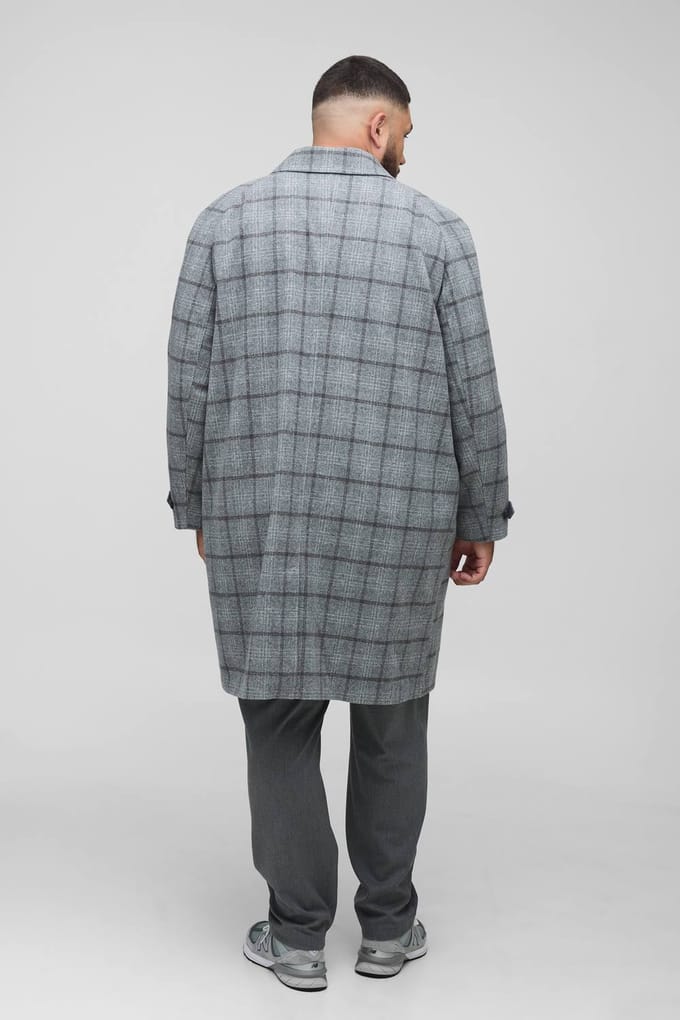 Plus Regular Fit Raglan Single Breasted Check Collar Buckle Car Coat | Grey | Size 2XL